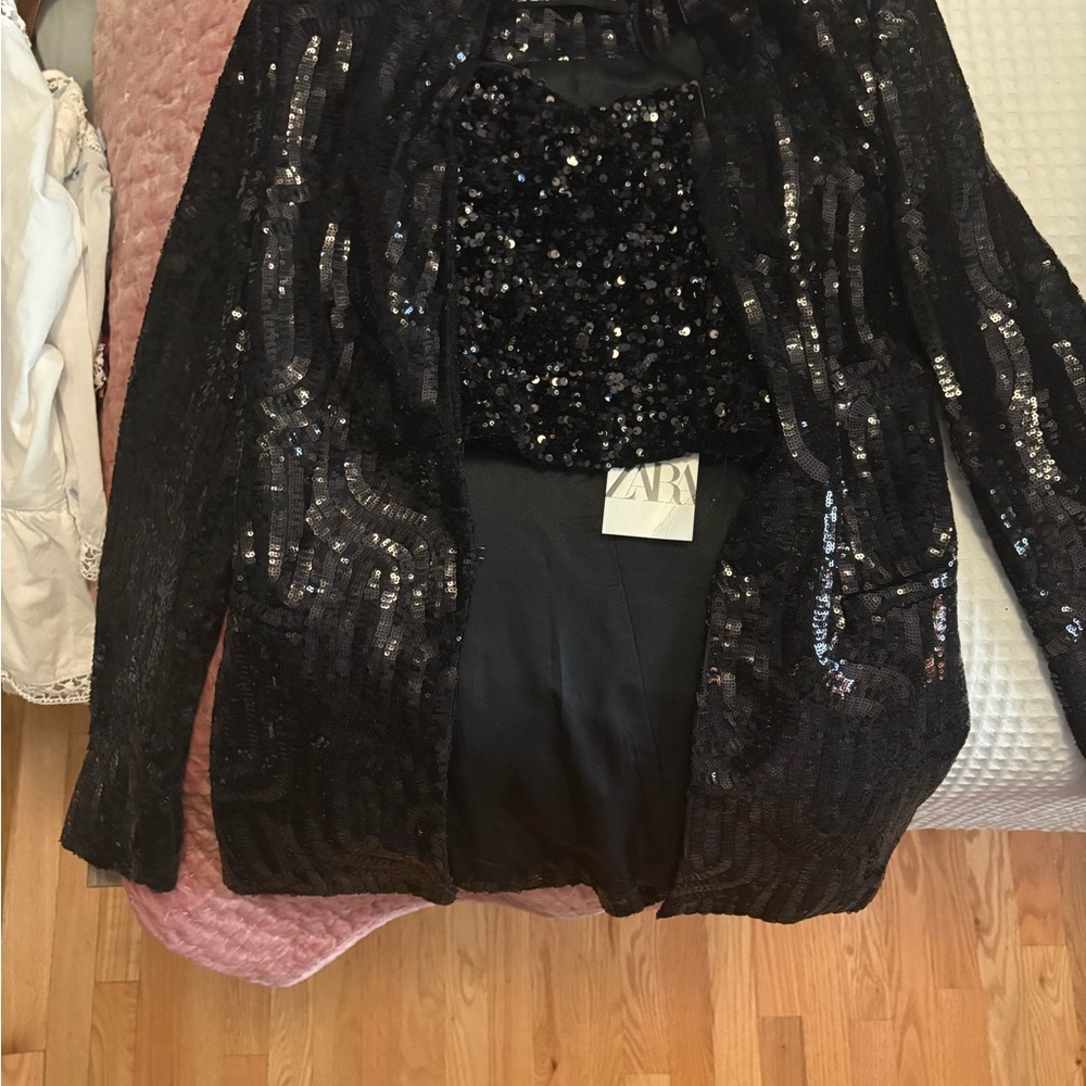 Zara Black Iridescent Sequin Jacket and Tube Top Set